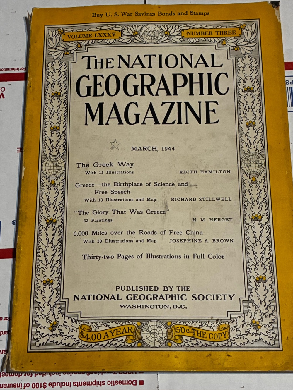 National Geographic Yellow Vintage Magazine March 1944 Rare Vintage